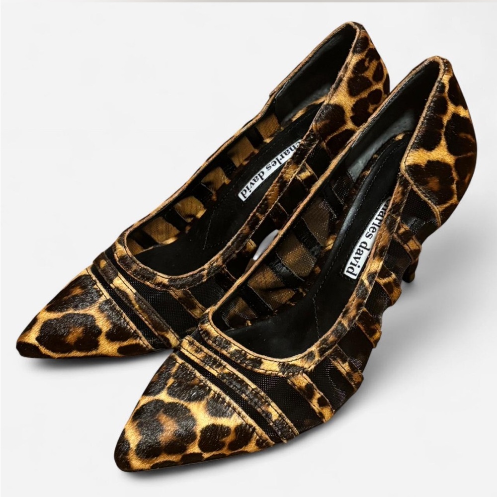 Charles David Vane Pointed Mesh and Leopard Calf Hair Heels- 6.5 New in Box
